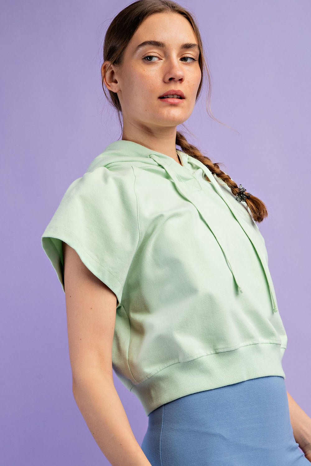 COTTON LYCRA SHORT SLEEVE HOODIE TOP