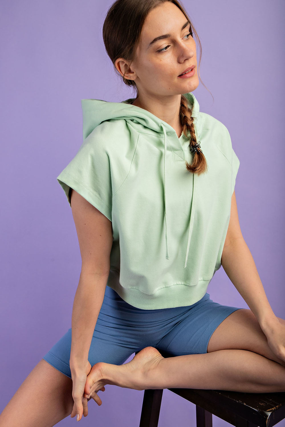 COTTON LYCRA SHORT SLEEVE HOODIE TOP