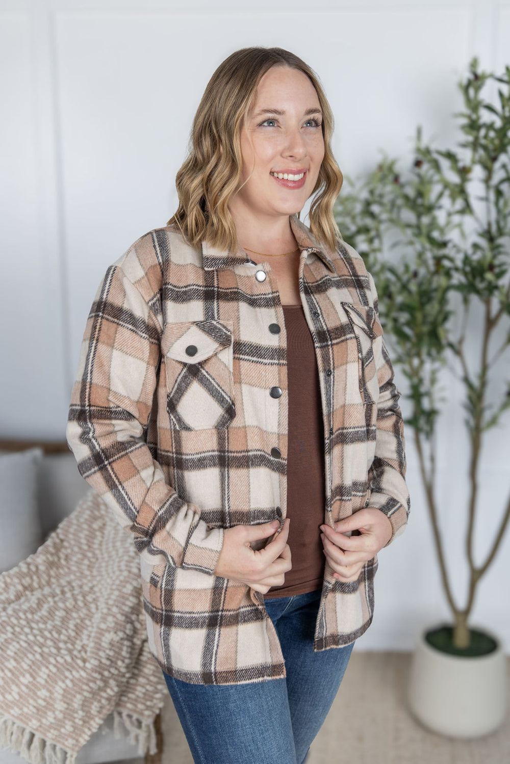 Norah Plaid Shacket - Beige Mix Plaid