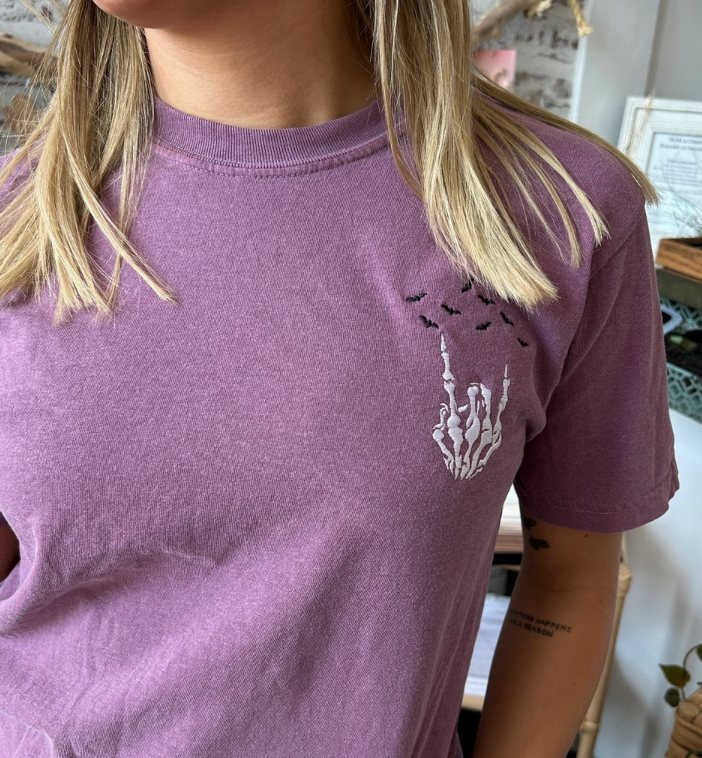 Rockin' Skeleton and Bats Embroidered Graphic Tee