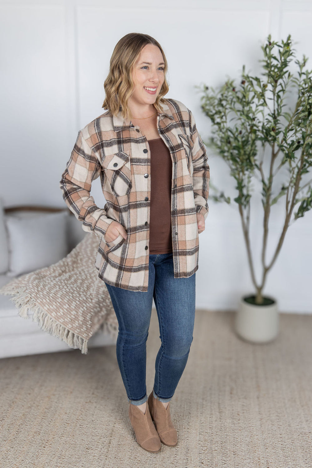 Norah Plaid Shacket - Beige Mix Plaid