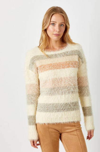 Fuzzy multi-color stripe sweater