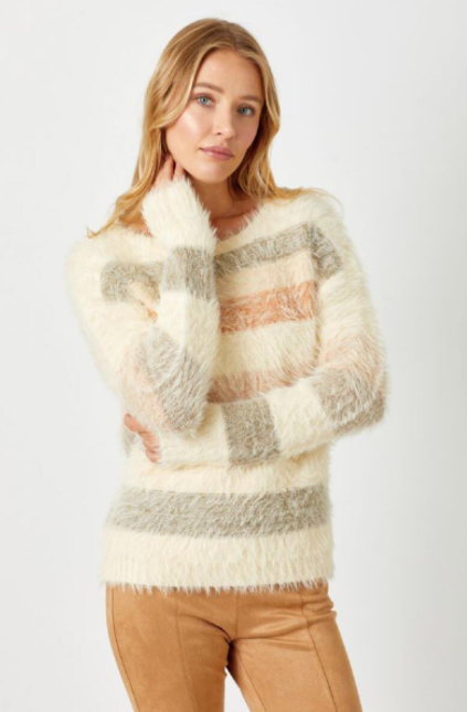 Fuzzy multi-color stripe sweater