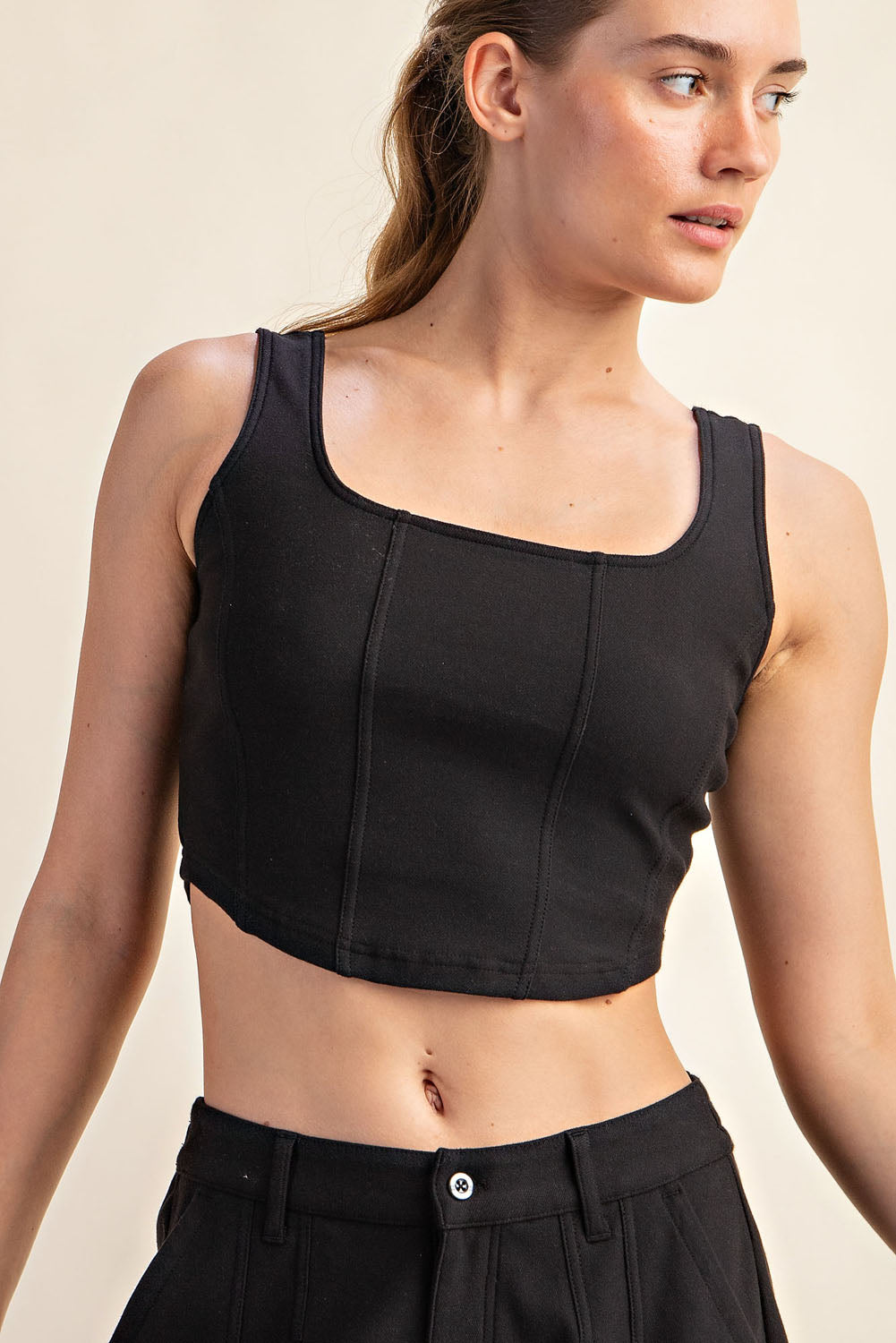 Cotton Stretch Twill Square Neck Crop Top