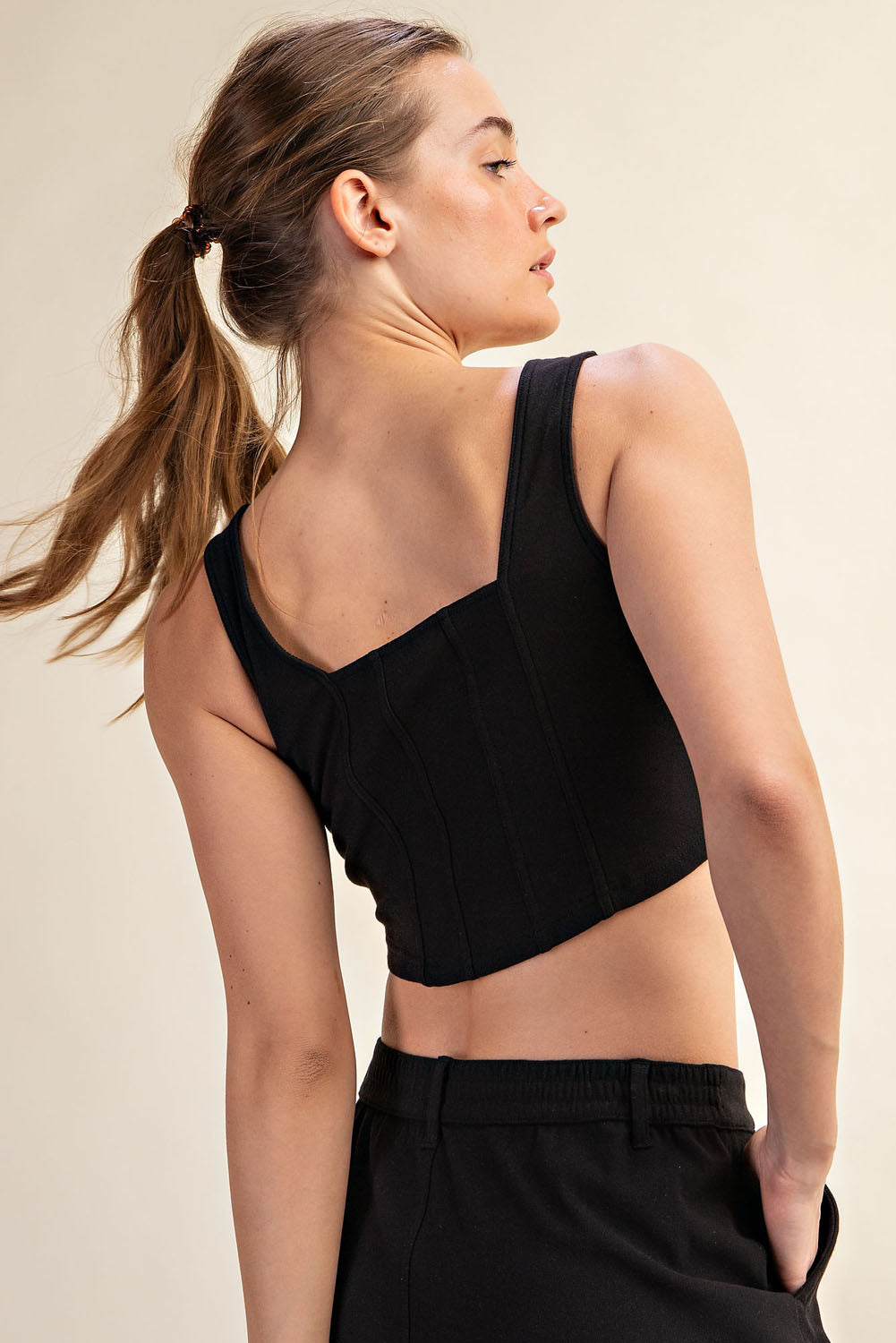 Cotton Stretch Twill Square Neck Crop Top