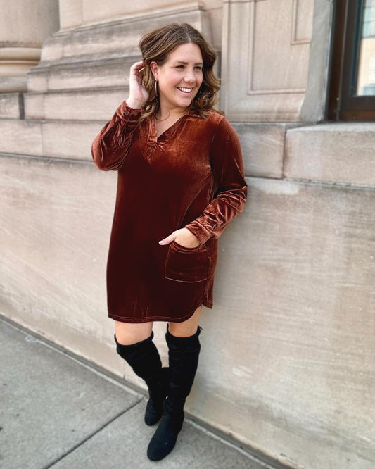 Velvet Collared V-Neck Dress W/Pockets