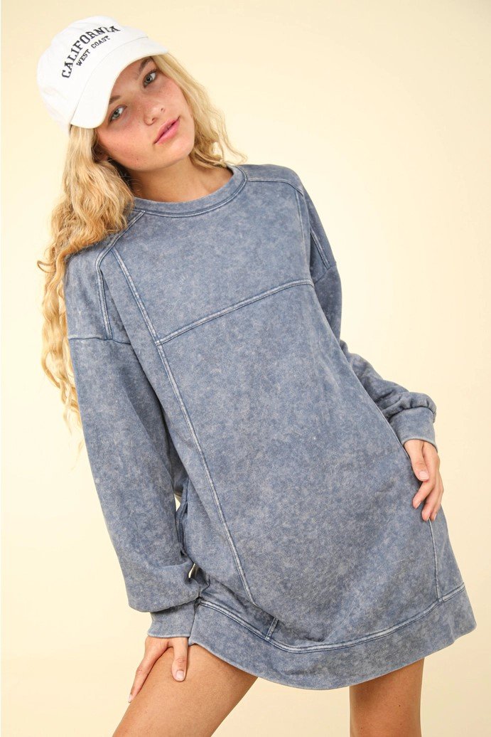 Mineral Washed Oversized Knit Sweatshirt Mini Dress - 9