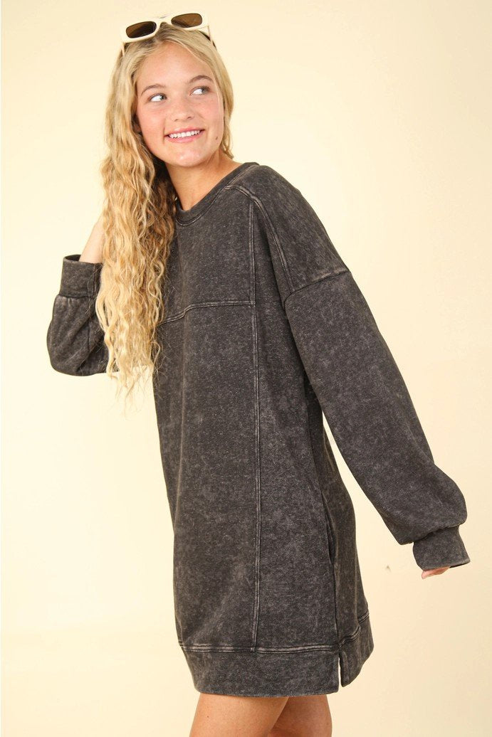 Mineral Washed Oversized Knit Sweatshirt Mini Dress - 5