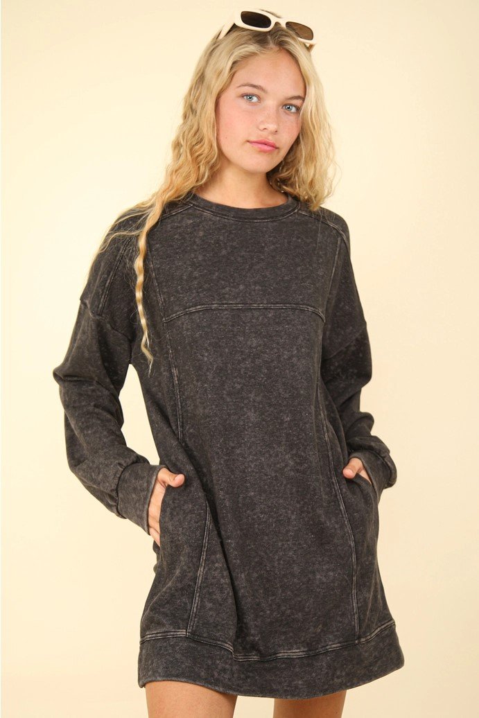 Mineral Washed Oversized Knit Sweatshirt Mini Dress - 4