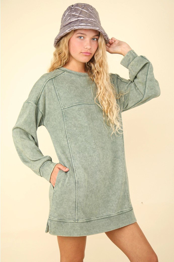 Mineral Washed Oversized Knit Sweatshirt Mini Dress - 7