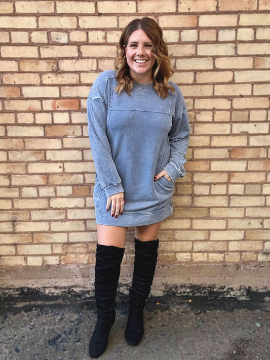 Mineral Washed Oversized Knit Sweatshirt Mini Dress - 1