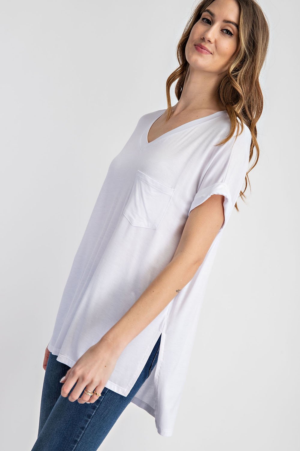 V NECK BASIC HIGH-LOW HEM TOP - 3