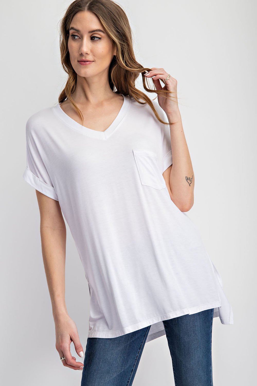 V NECK BASIC HIGH-LOW HEM TOP - 5