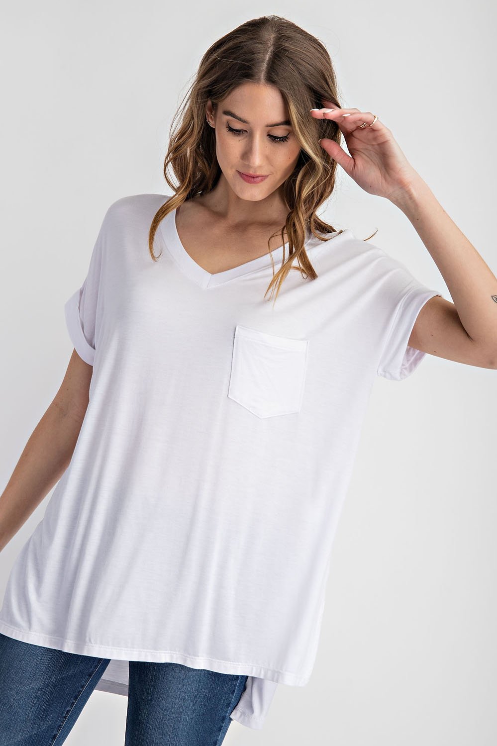 V NECK BASIC HIGH-LOW HEM TOP - 4