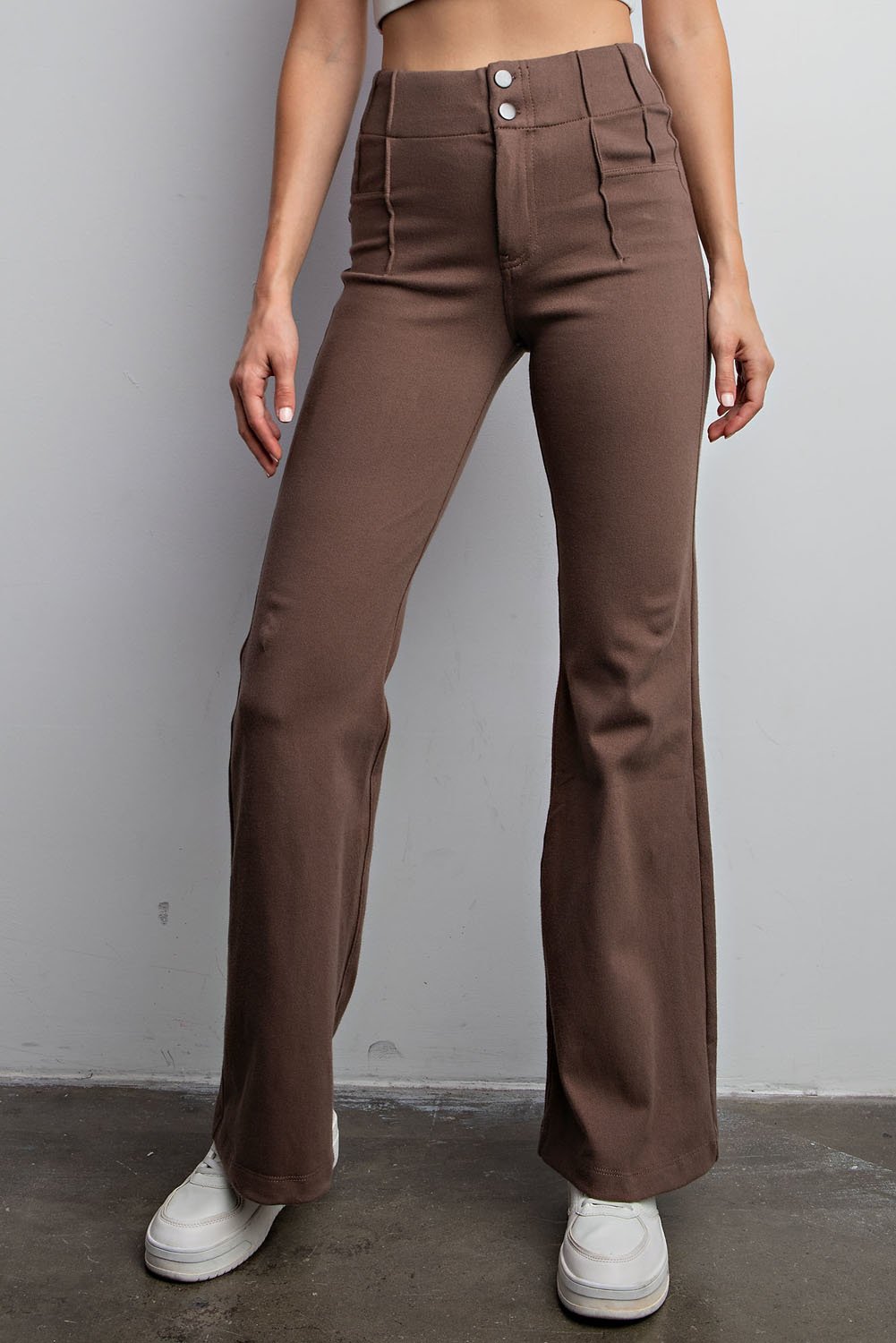 COTTON STRETCH TWILL DOUBLE BUTTON UP FLARED PANTS - 7