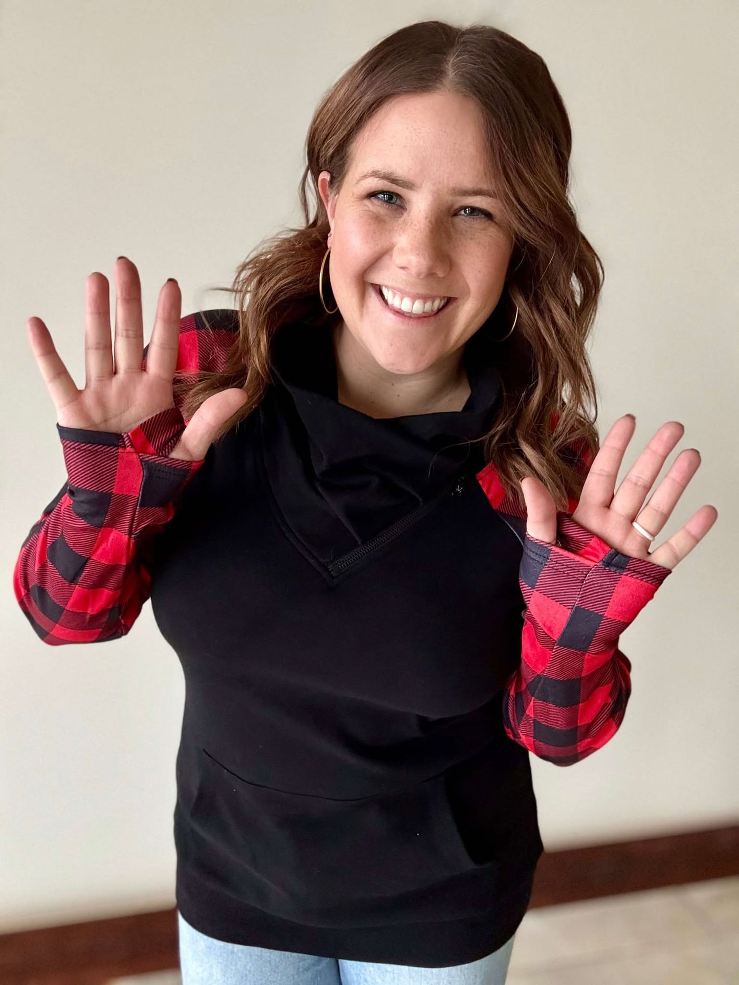 Zoey ZipCowl - Black and Buffalo Plaid - 2