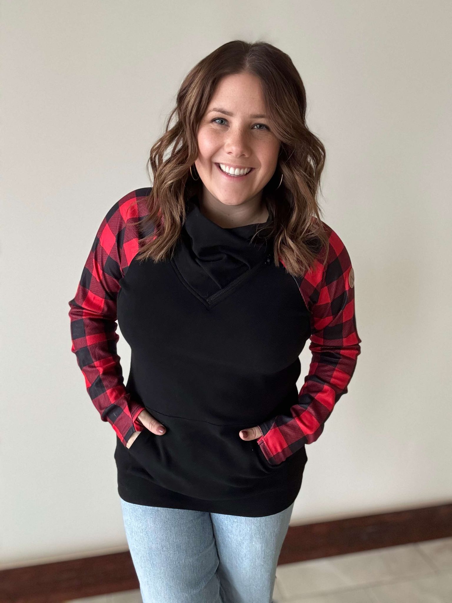 Zoey ZipCowl - Black and Buffalo Plaid - 3