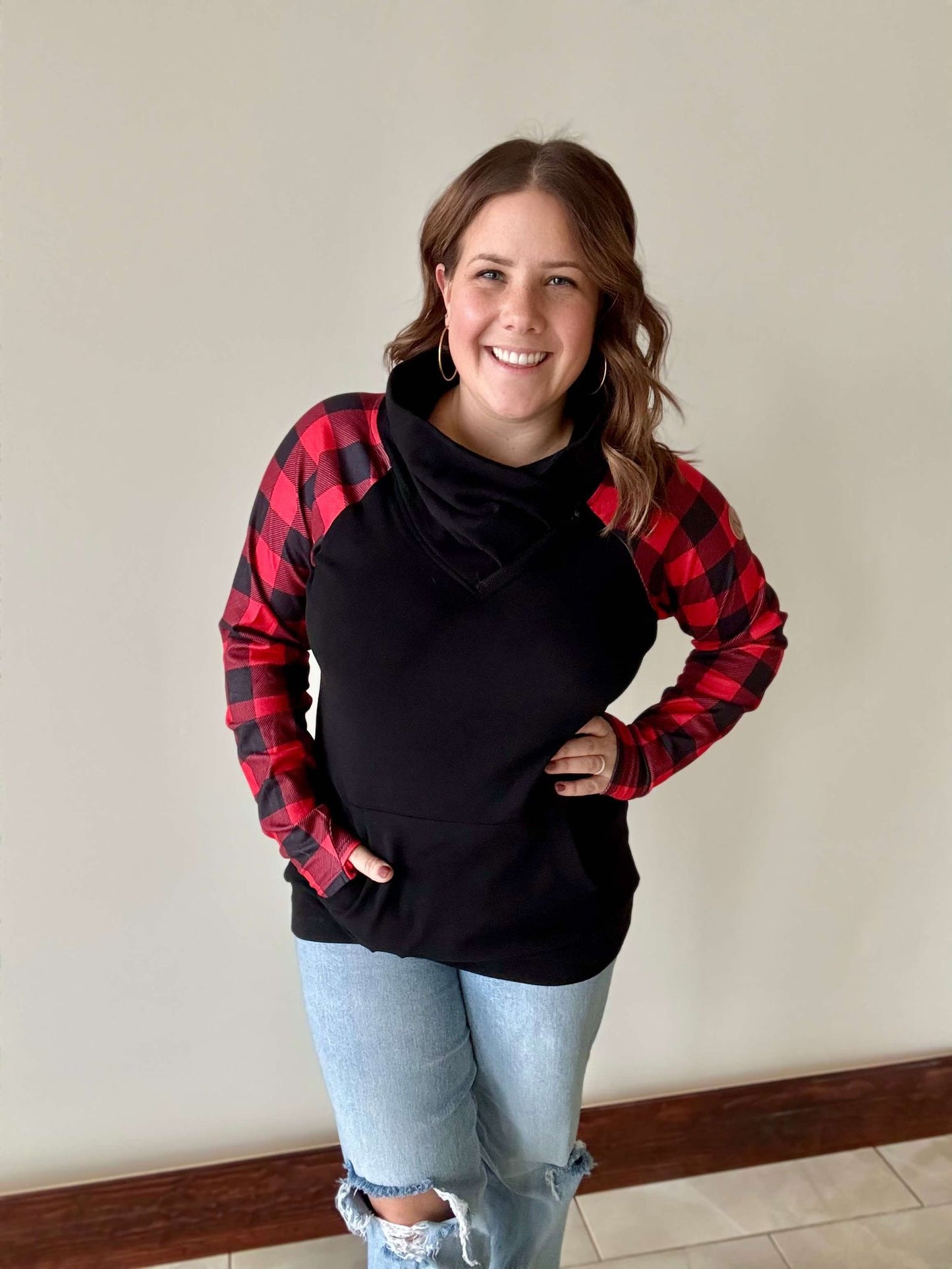 Zoey ZipCowl - Black and Buffalo Plaid - 1