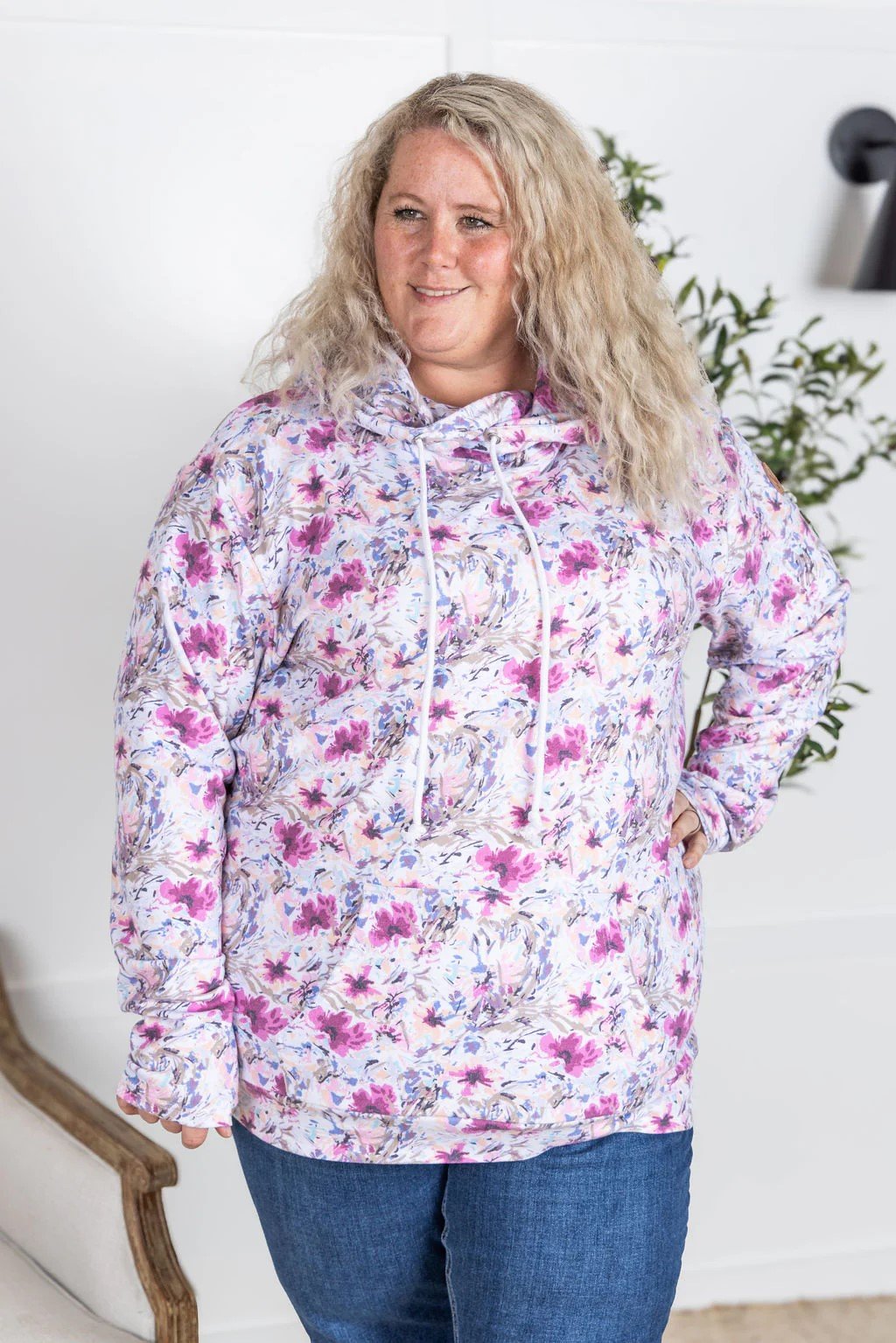 Ashley Hoodie - Pink and Periwinkle Abstract Floral - 2