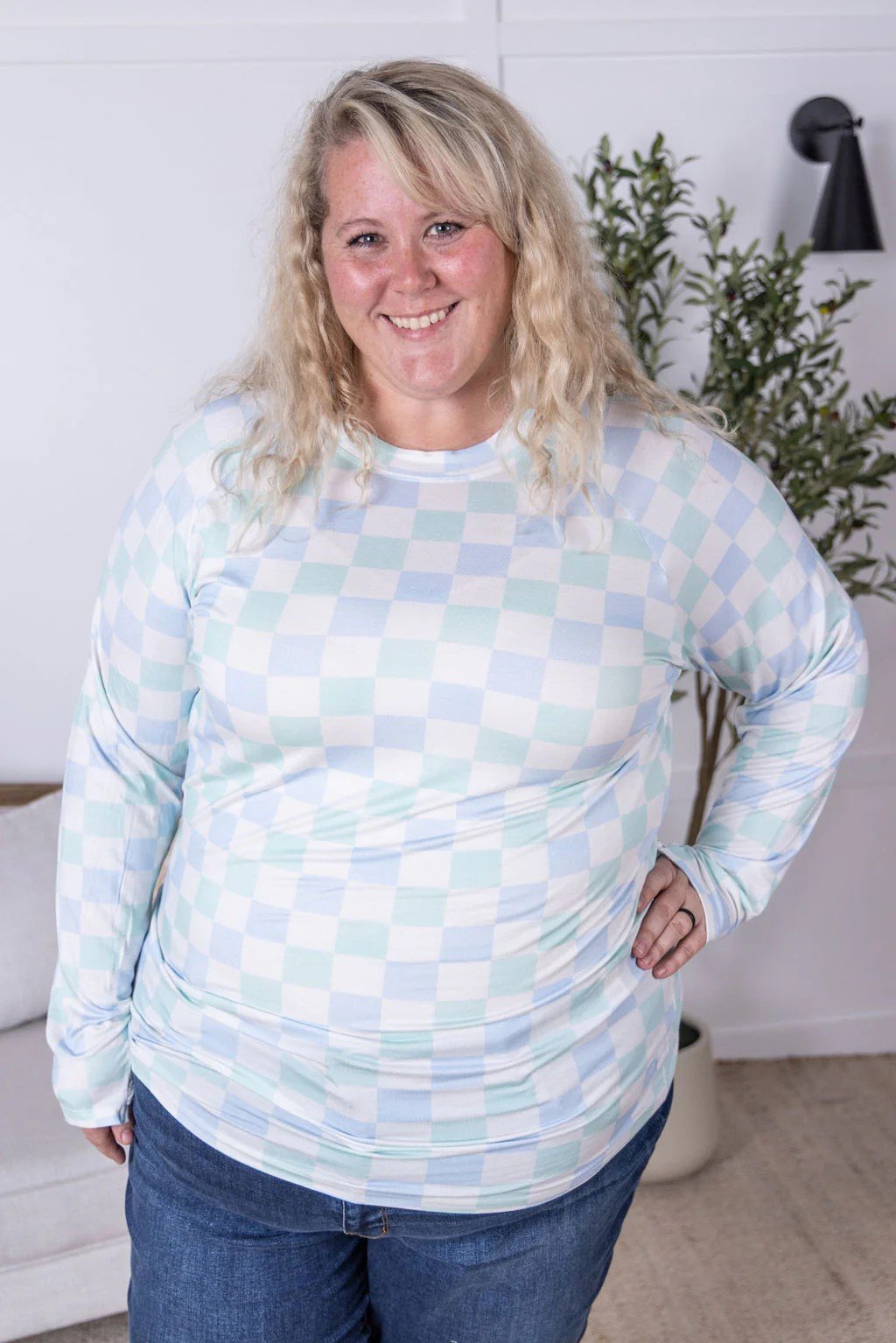 Blair Long Sleeve Top - Blue and Mint Checker - 3