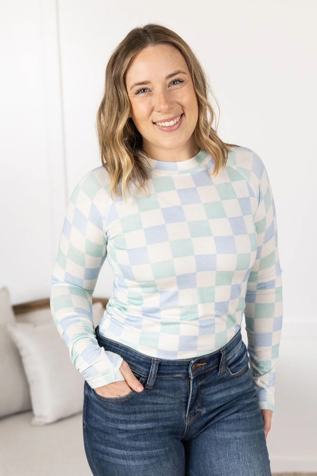 Blair Long Sleeve Top - Blue and Mint Checker - 2